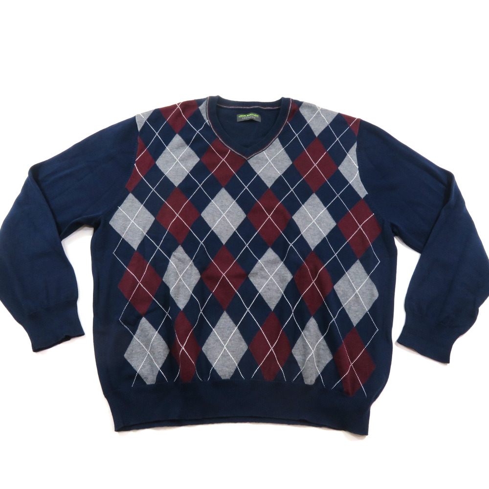 John Bartlett Sweater Golf Navy Burgundy Gray Argyle V-Neck Pullover Sz XL